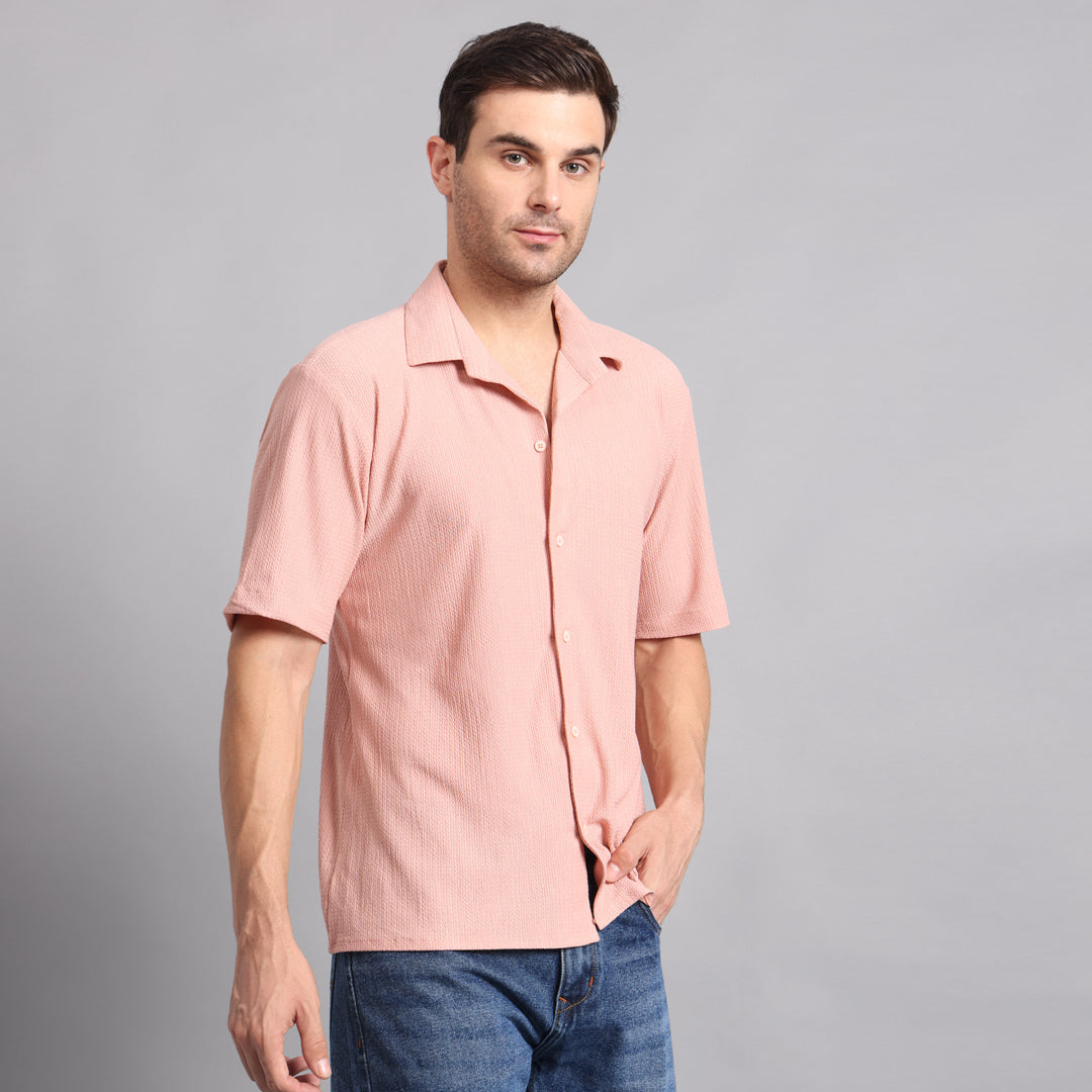 Textured Solid Peach Comfort Fit Shirt