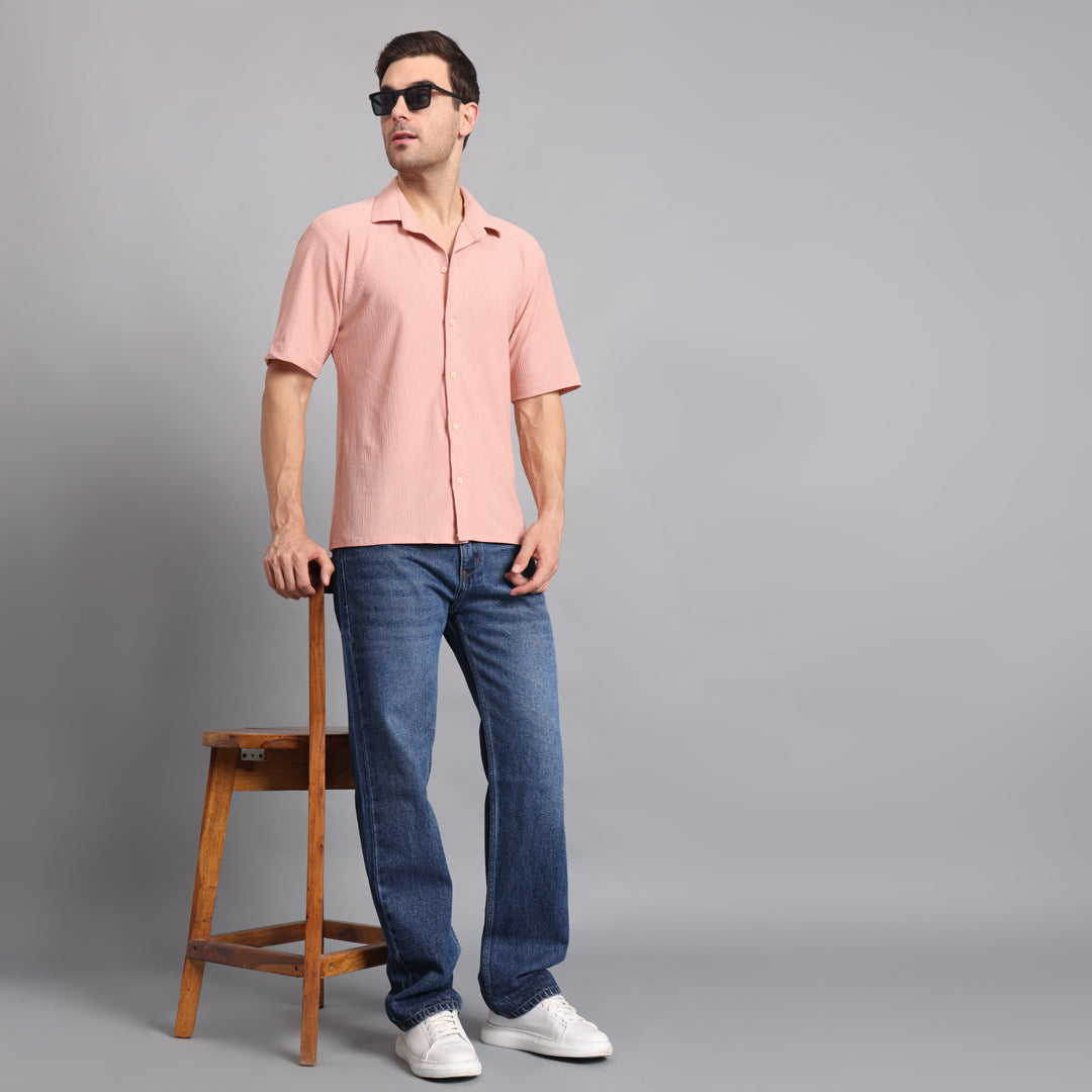Textured Solid Peach Comfort Fit Shirt