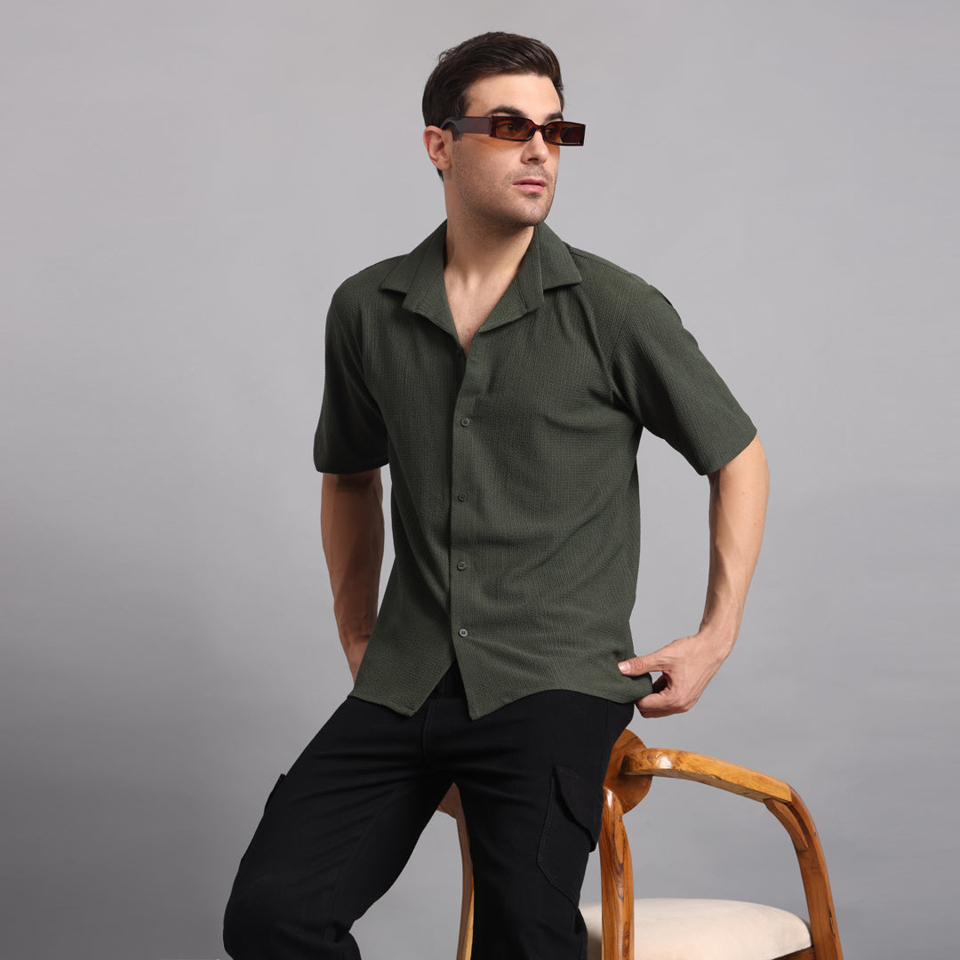 Textured Solid Darkgreen Comfort Fit Shirt