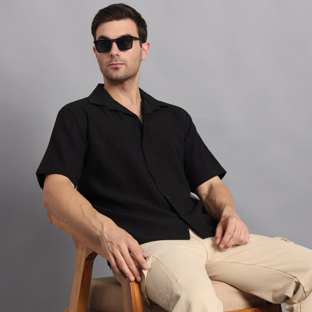 Linen Solid Black Comfort Fit Shirt
