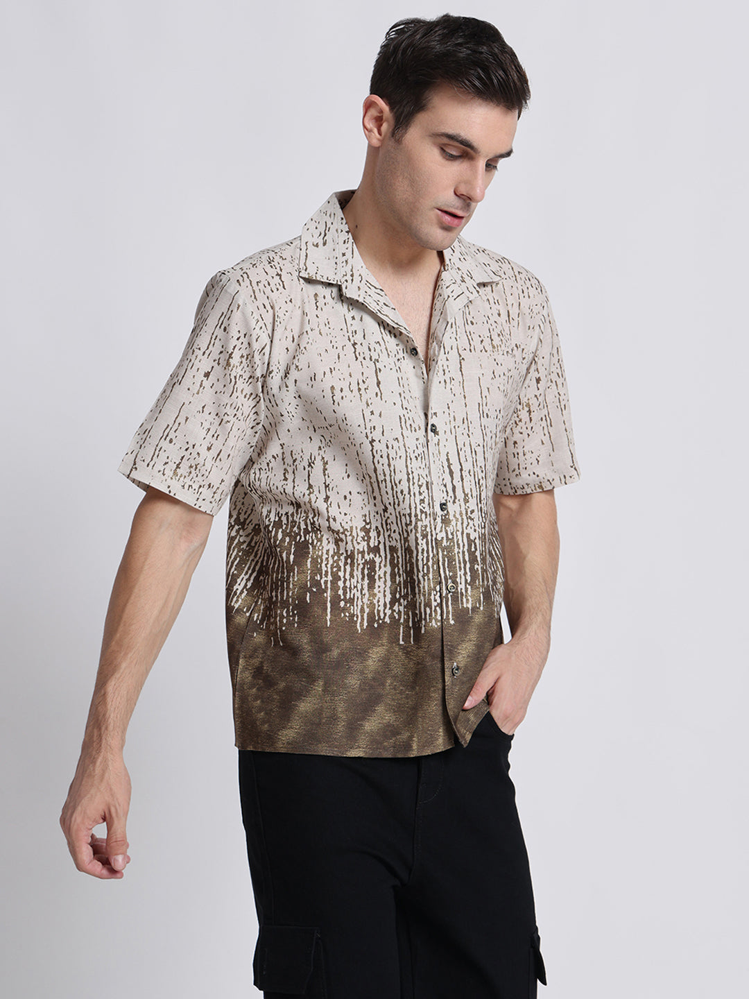 Cream Green Linen Printed Shirt