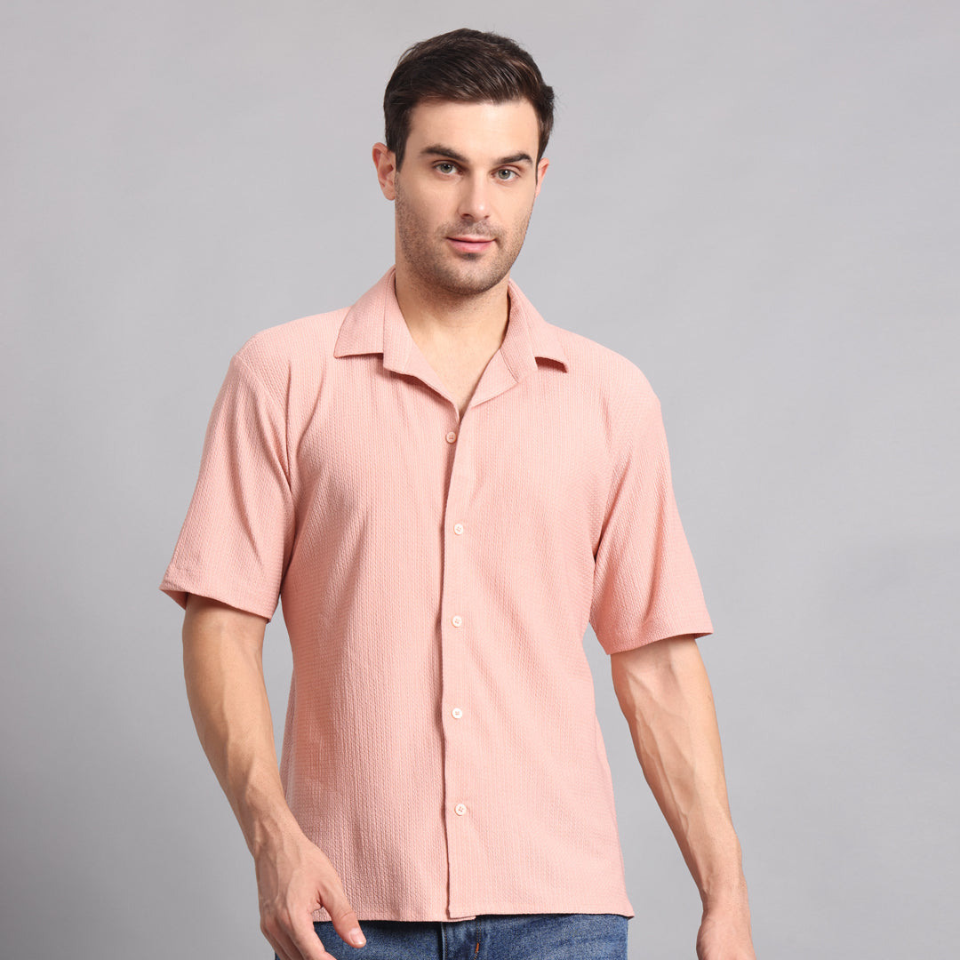 Textured Solid Peach Comfort Fit Shirt