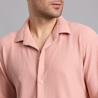Textured Solid Peach Comfort Fit Shirt
