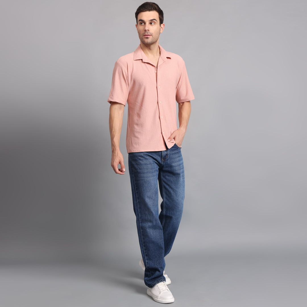 Textured Solid Peach Comfort Fit Shirt