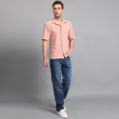 Textured Solid Peach Comfort Fit Shirt
