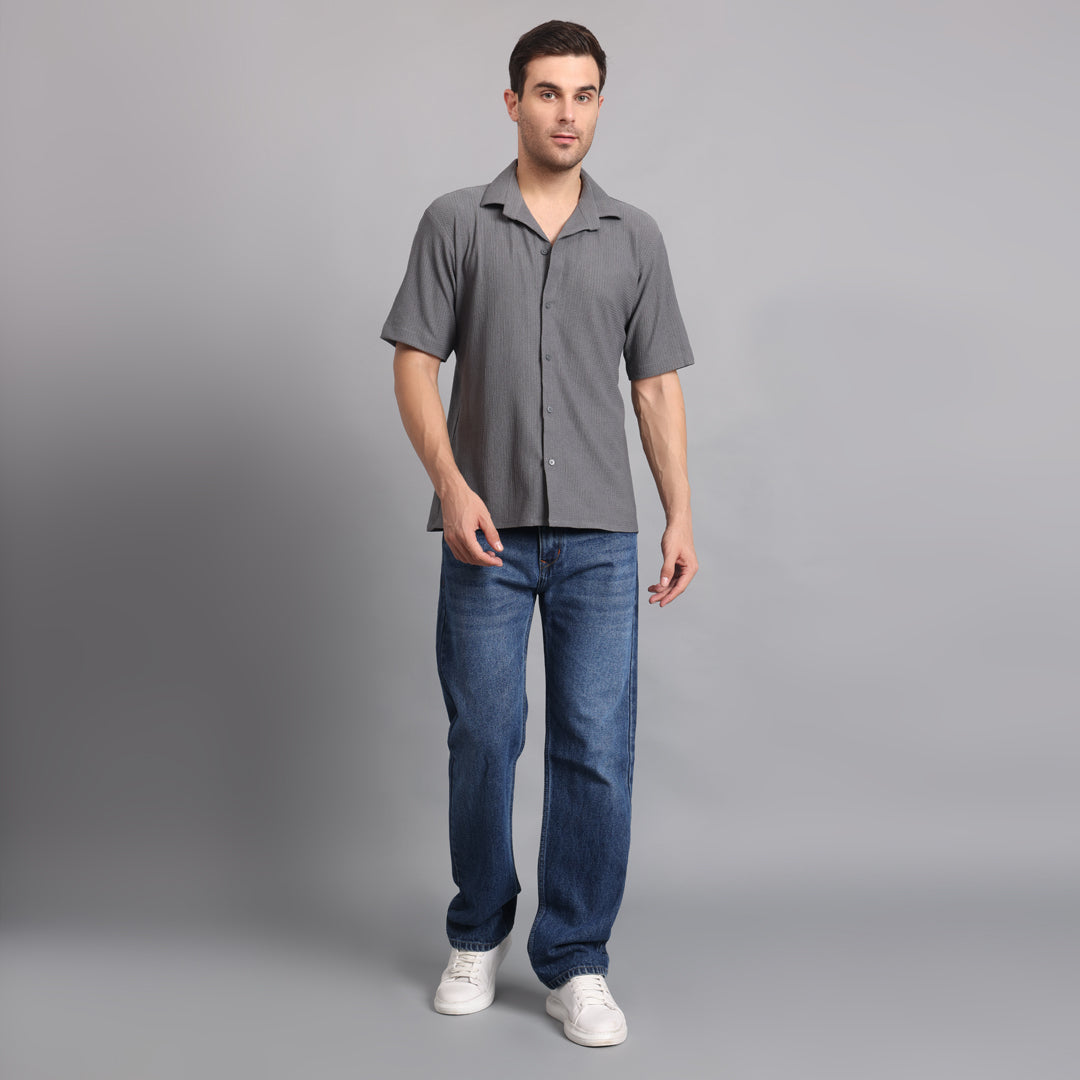 Textured Solid Grey Comfort Fit Shirt