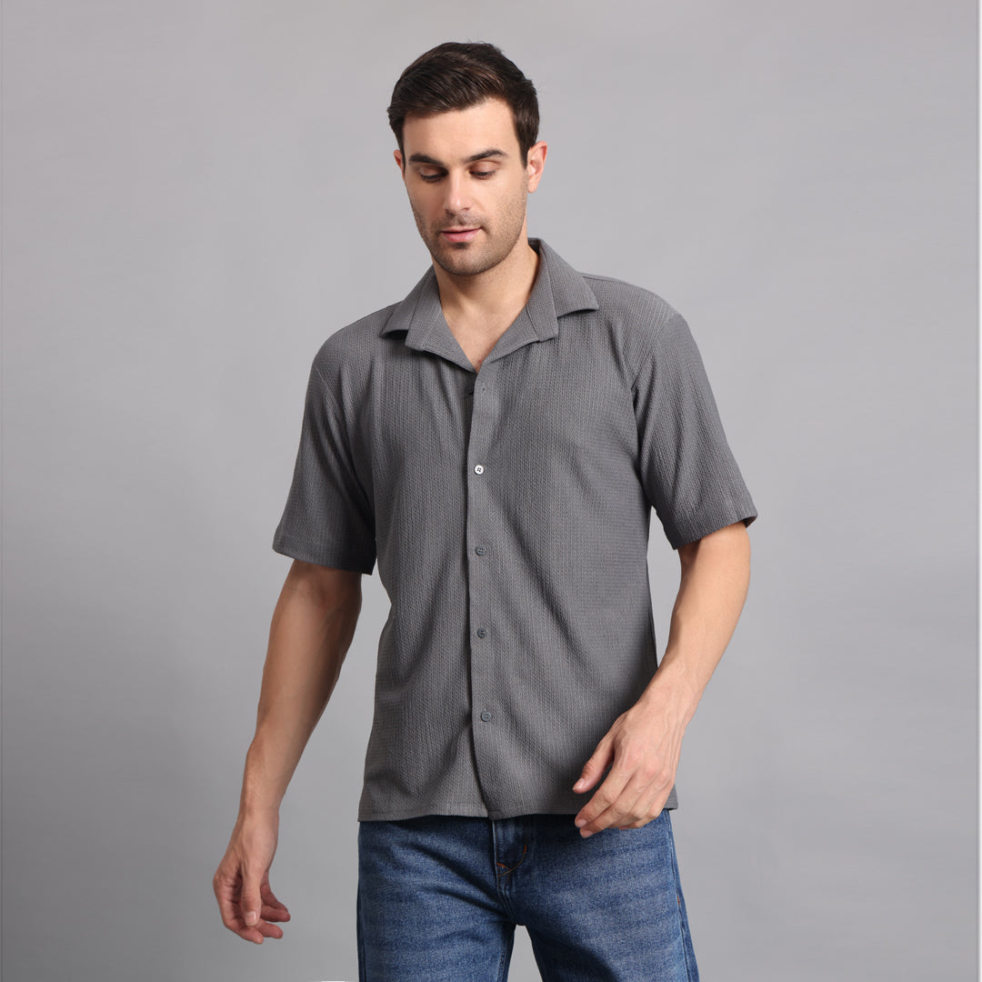 Textured Solid Grey Comfort Fit Shirt