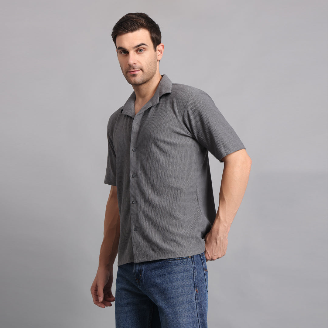 Textured Solid Grey Comfort Fit Shirt