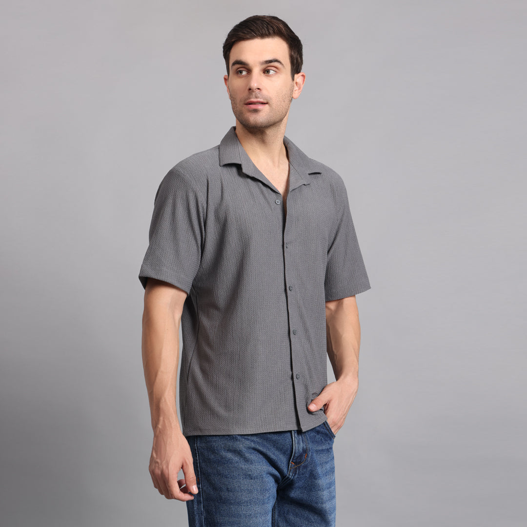 Textured Solid Grey Comfort Fit Shirt