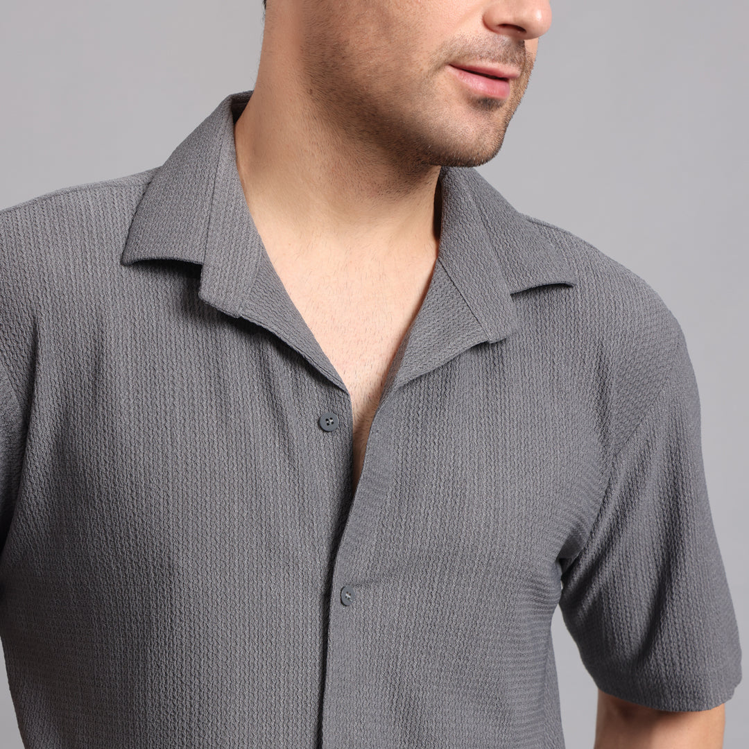 Textured Solid Grey Comfort Fit Shirt