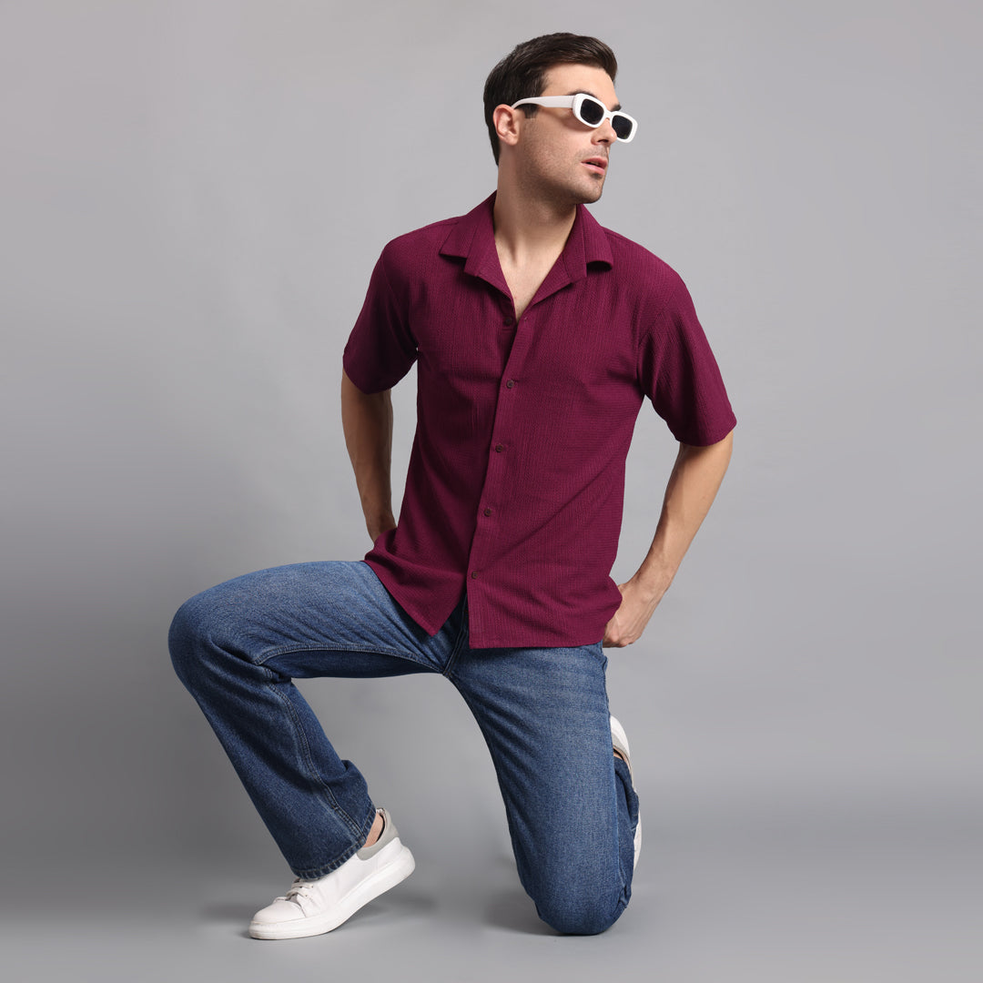 Textured Solid Wine Comfort Fit Shirt