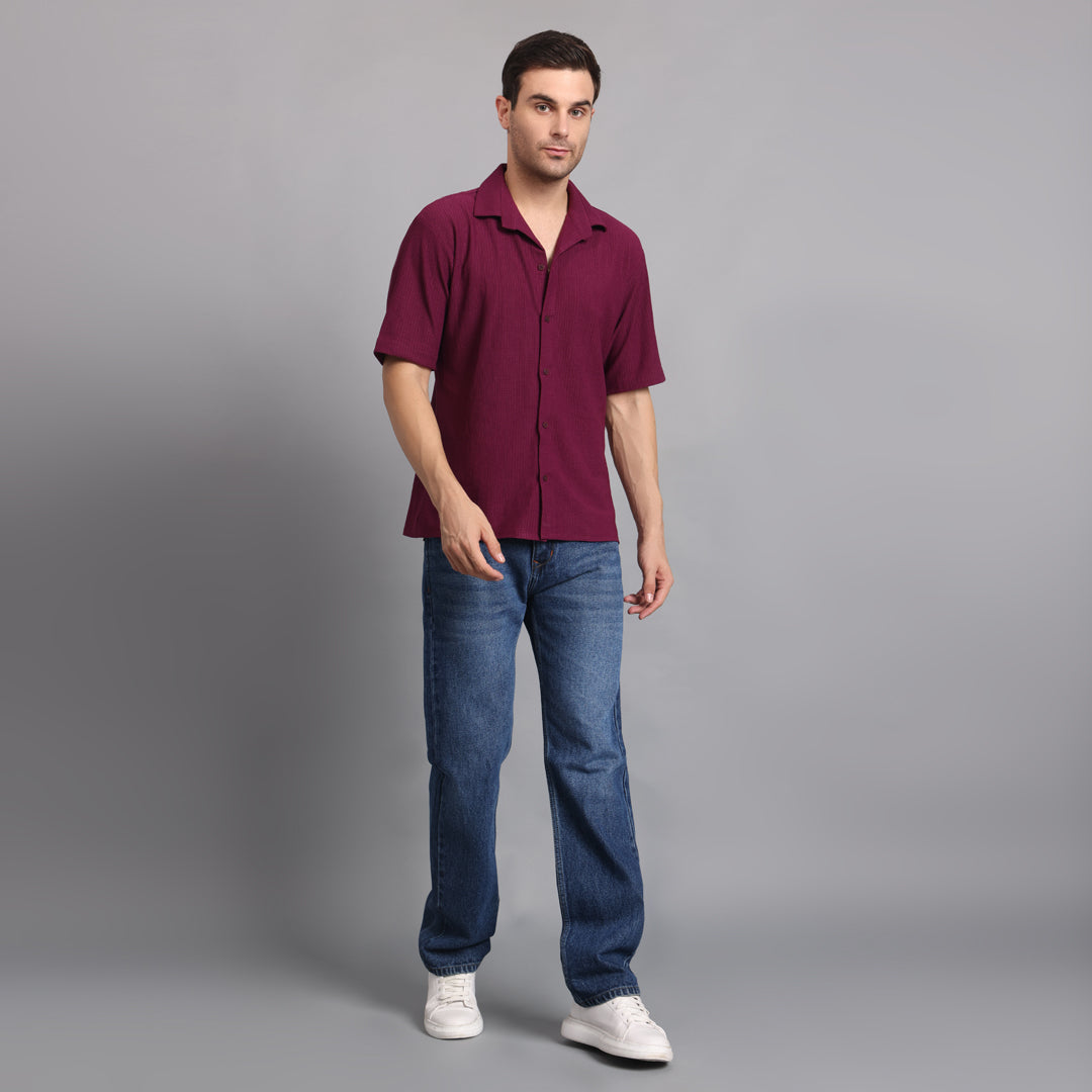 Textured Solid Wine Comfort Fit Shirt
