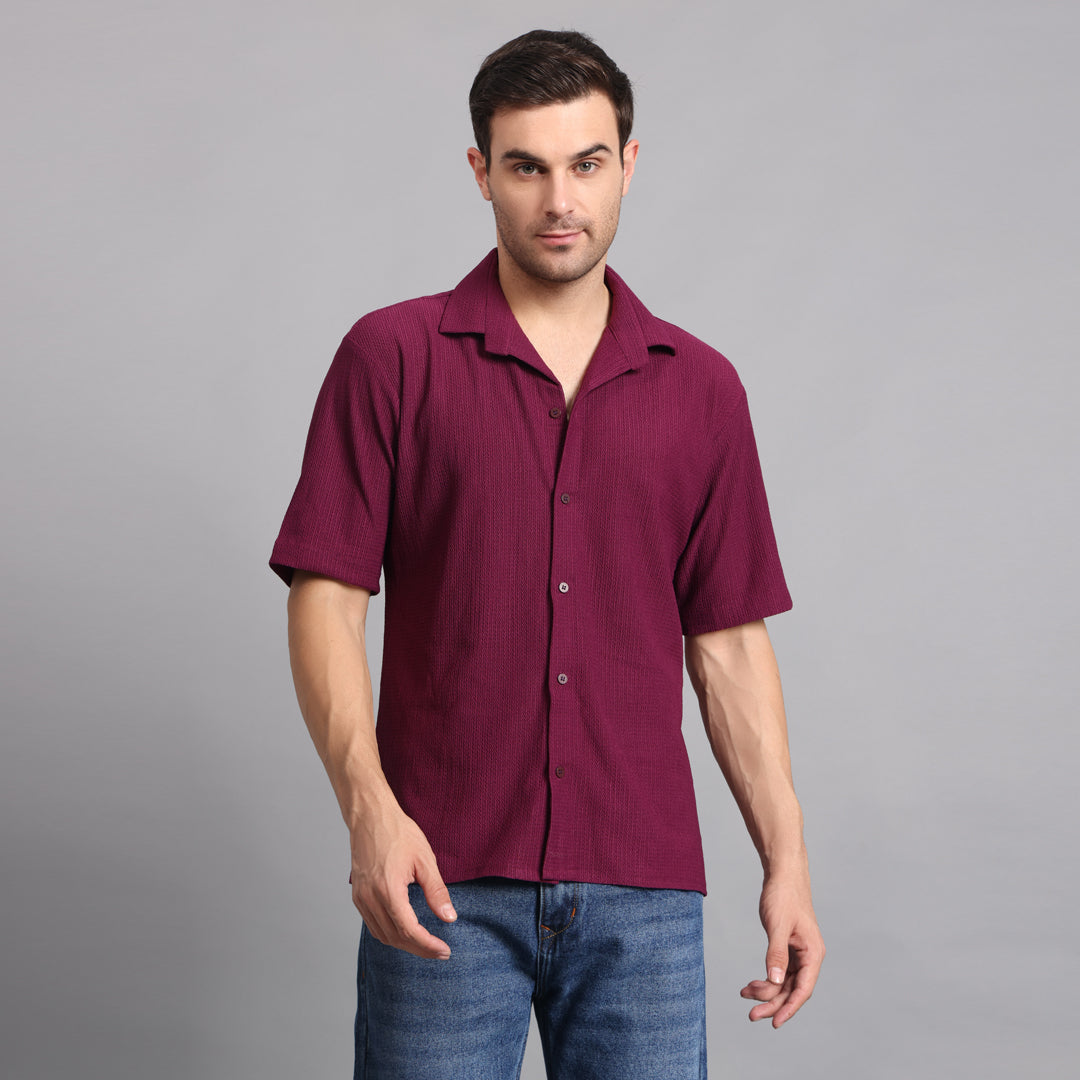 Textured Solid Wine Comfort Fit Shirt