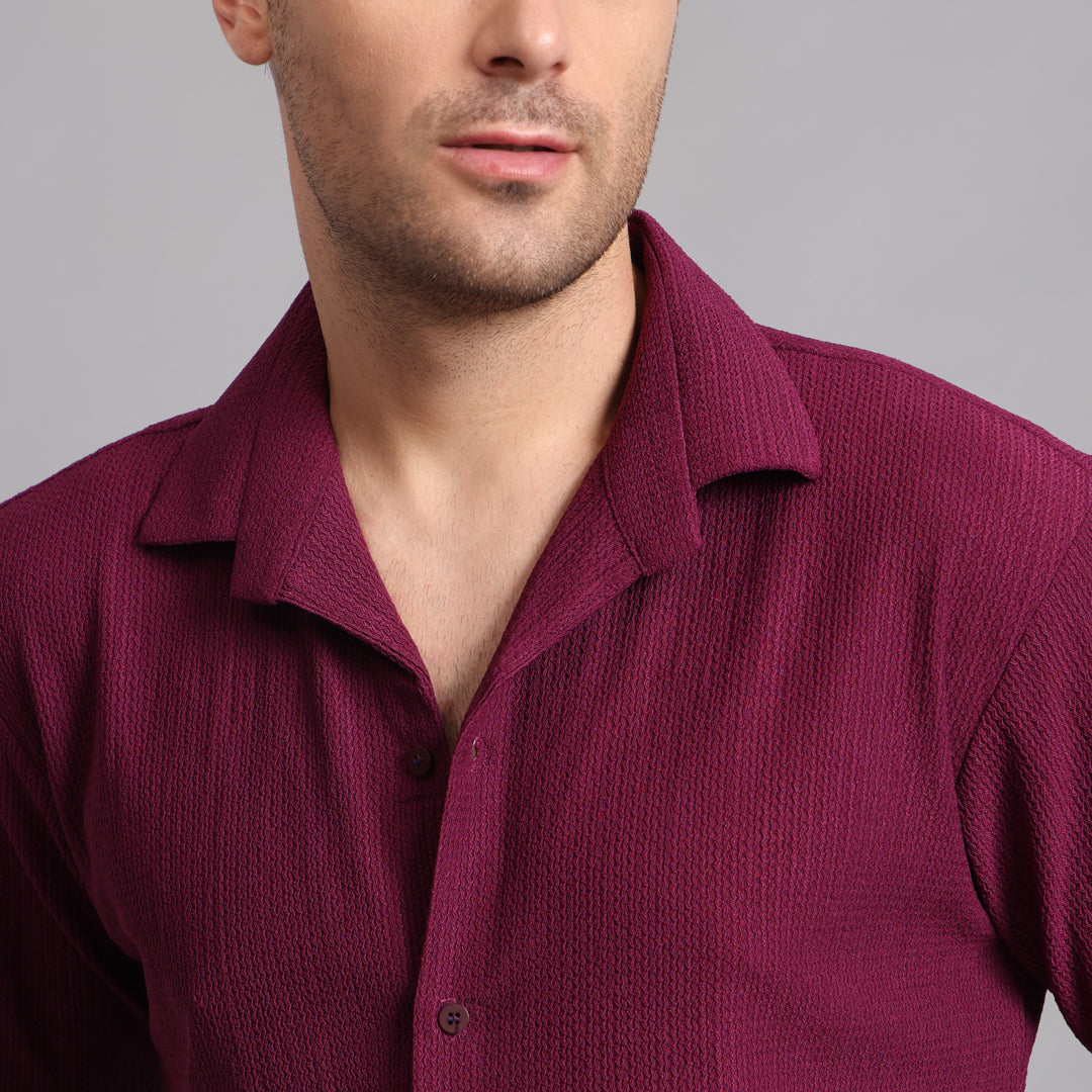 Textured Solid Wine Comfort Fit Shirt