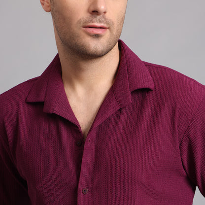 Textured Solid Wine Comfort Fit Shirt