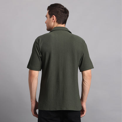 Textured Solid Darkgreen Comfort Fit Shirt
