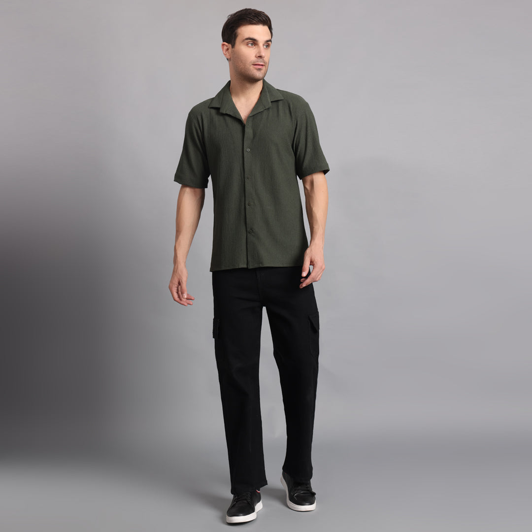 Textured Solid Darkgreen Comfort Fit Shirt