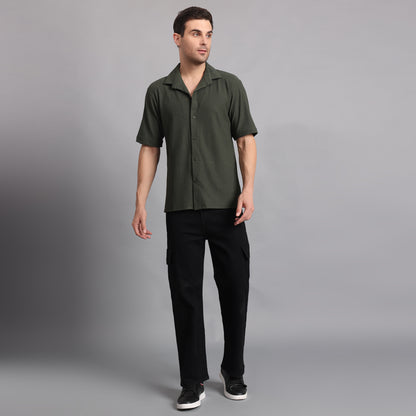 Textured Solid Darkgreen Comfort Fit Shirt