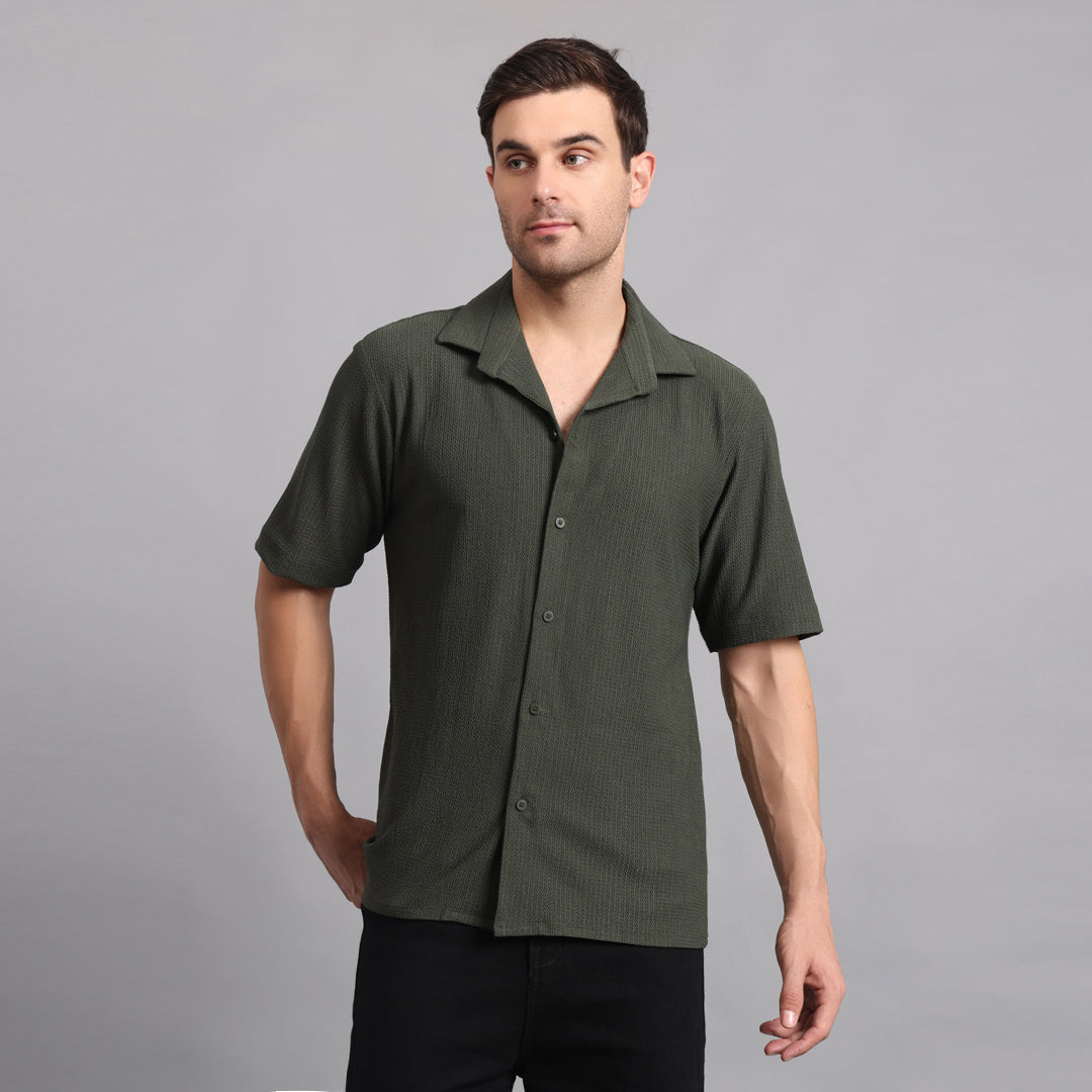 Textured Solid Darkgreen Comfort Fit Shirt