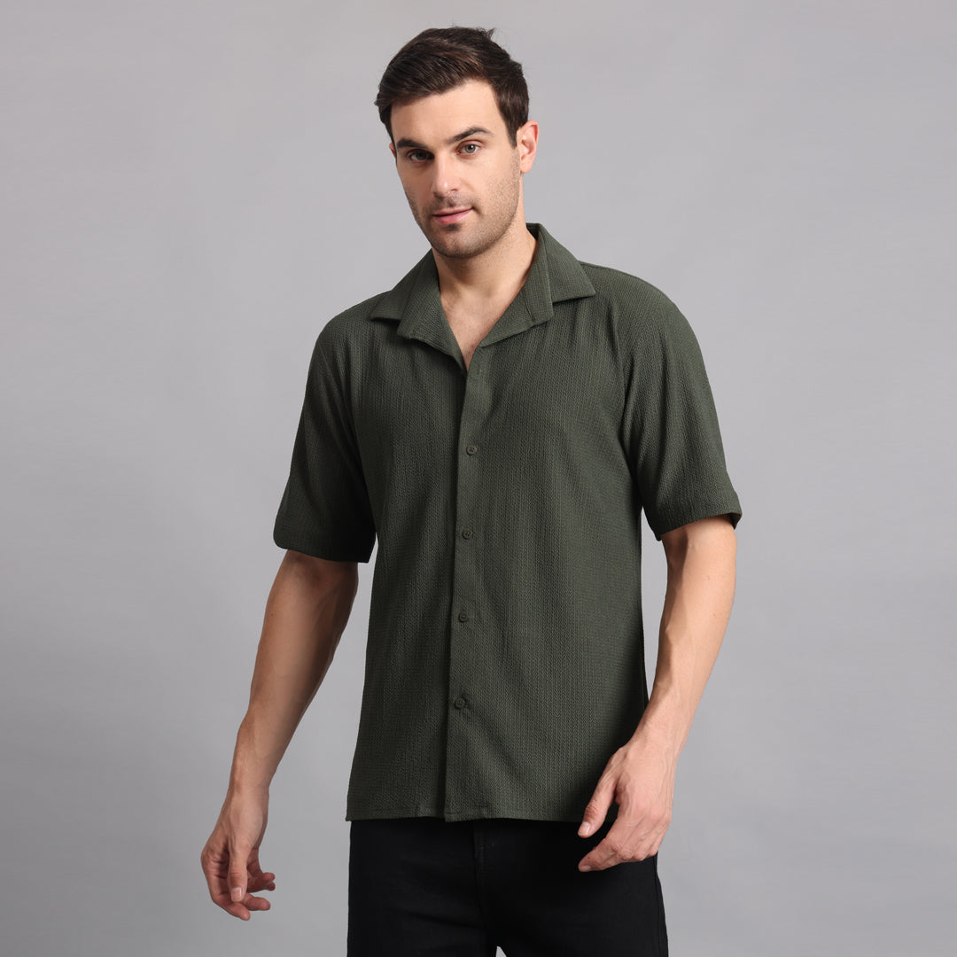 Textured Solid Darkgreen Comfort Fit Shirt