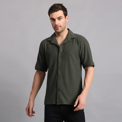 Textured Solid Darkgreen Comfort Fit Shirt
