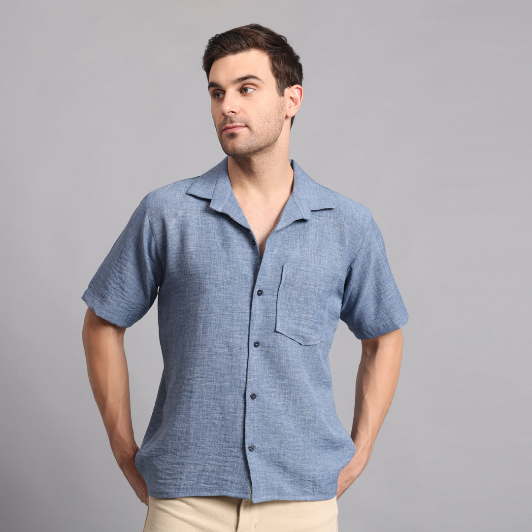 Linen Solid Denim Comfort Fit Shirt