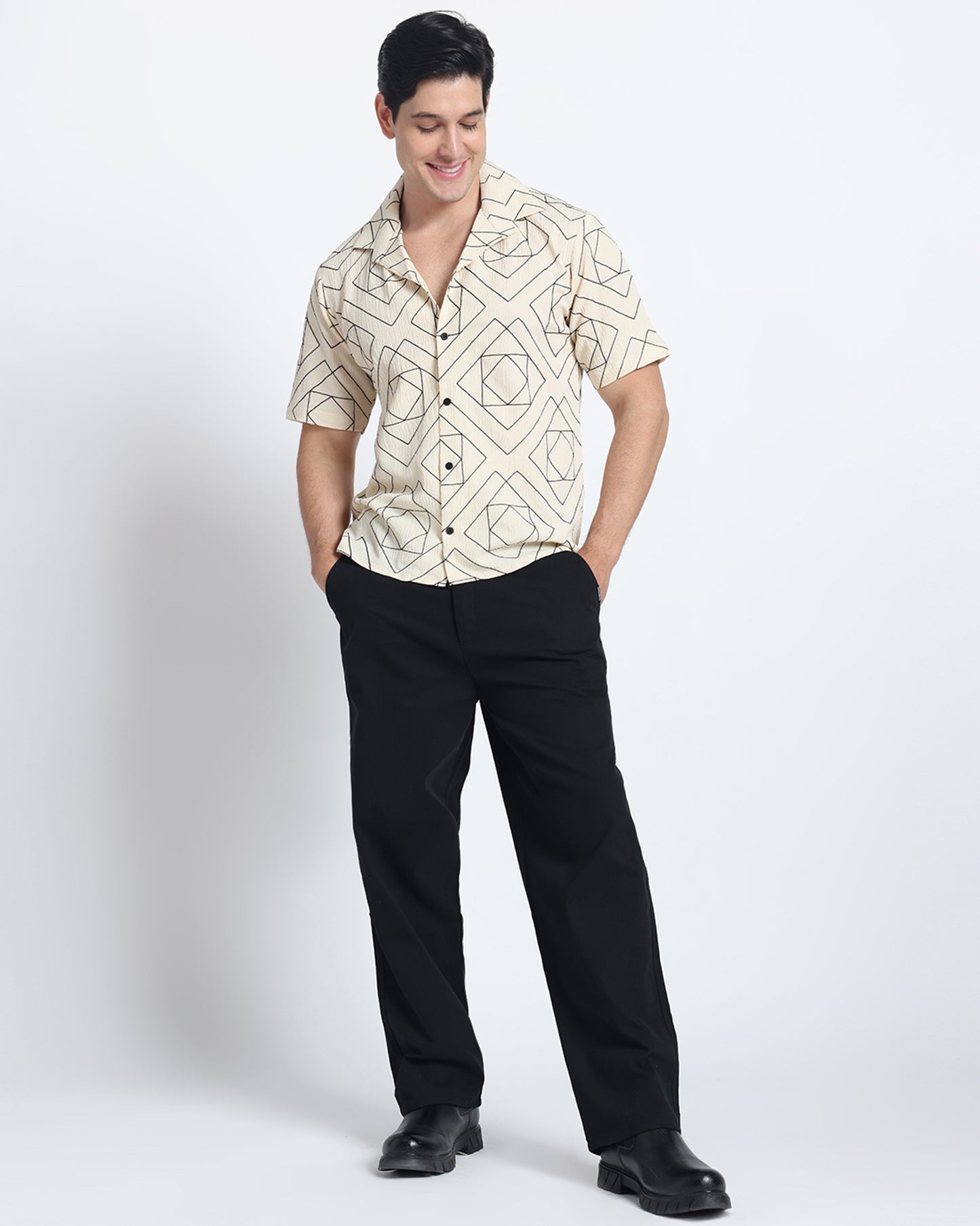 Cream Embroidery Comfort Fit Shirt