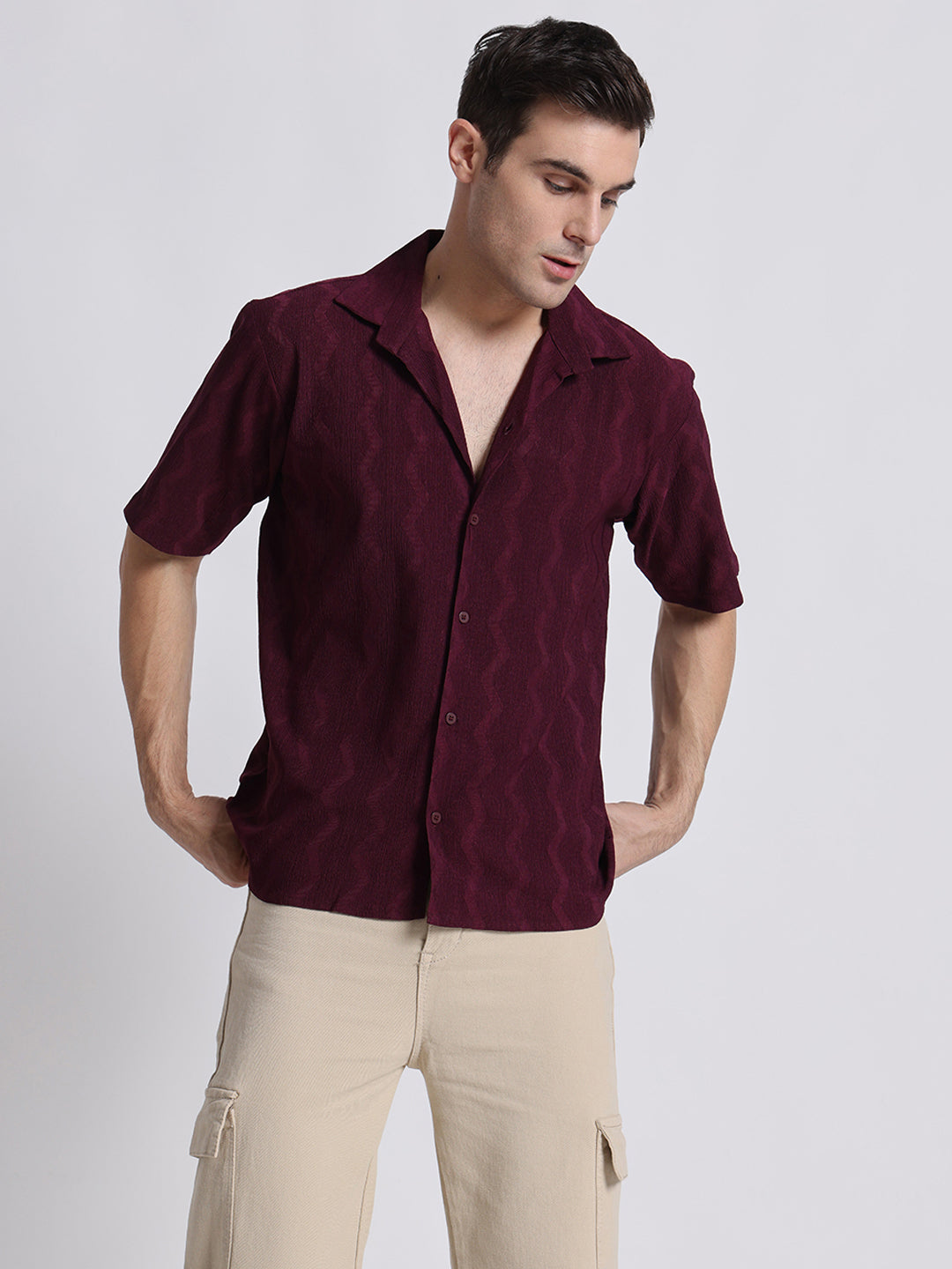 Zikzak Solid Wine Comfort Fit Shirt
